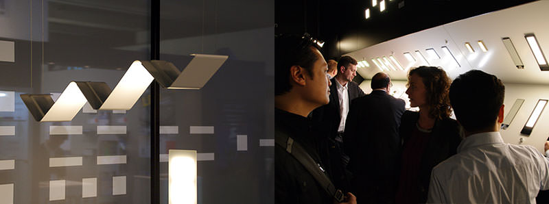 left: OLED pendant LIMIT by Visa Lighting right: visitors at OLEDWorks booth at Light and Building