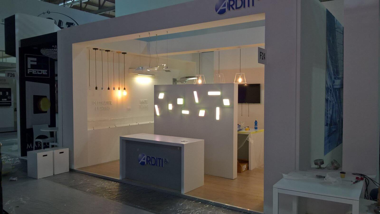 Arditi spa booth at Euroluce showing LumiBlade OLED panels