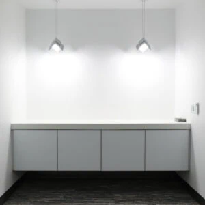 Visa Lighting’s OLED pendant luminaire Petal in the conference room nook at QCI