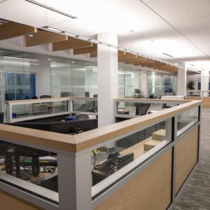 OLED pendant luminaire Olessence Slim from Acuity Brands in open office area of QCI