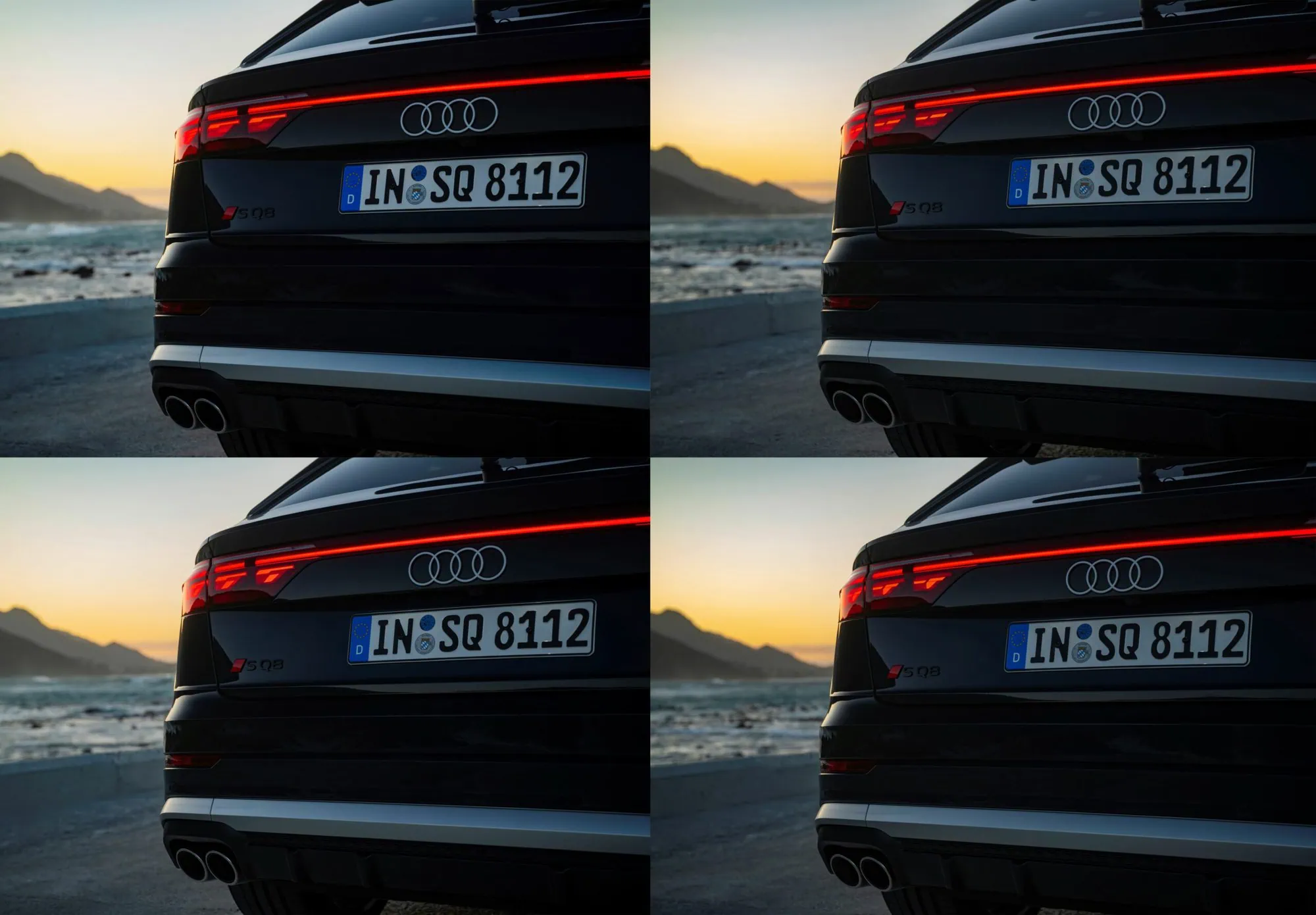 Audi Q8 car with digital Atala OLED rear lighting. Parked car at dusk, with clouds in the background.